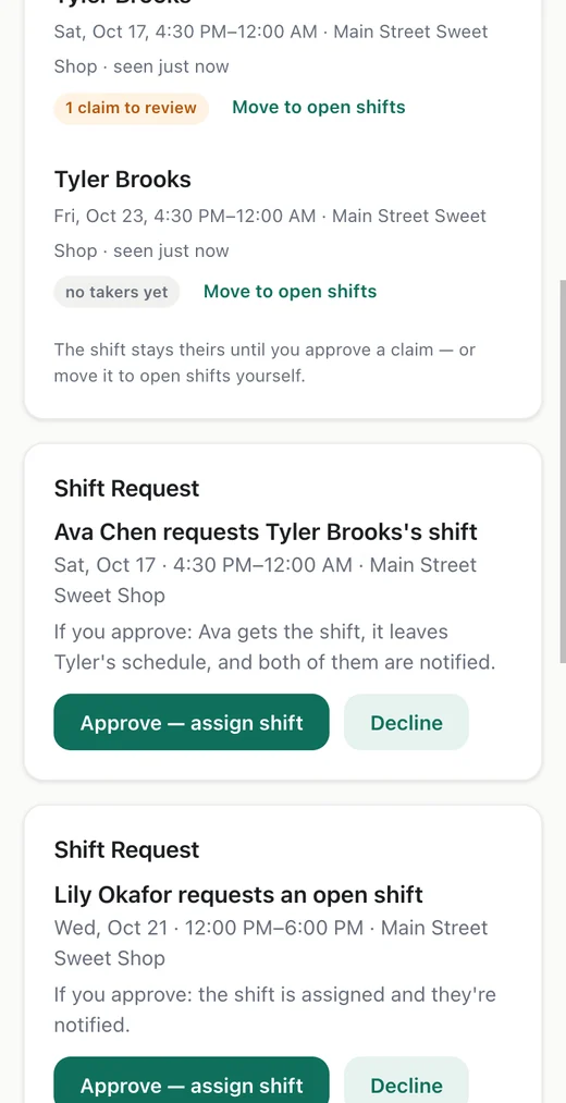 The manager decides. The request lands in the manager's Inbox with what happens if she approves.