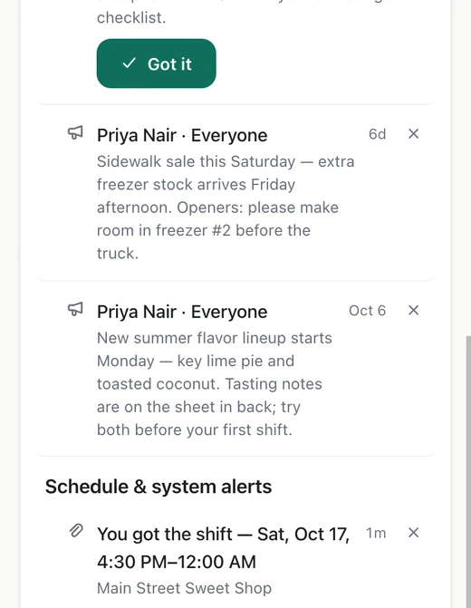 Ava hears back. “You got the shift” — with the date and time.