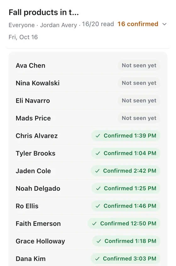 See who has. Read and confirmed, person by person, with the time.