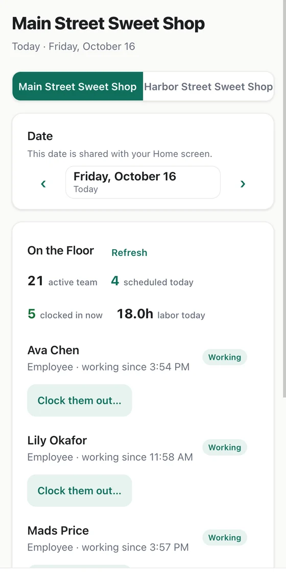 Switch stores in a tap. Each store keeps its own schedule, time clock and team.
